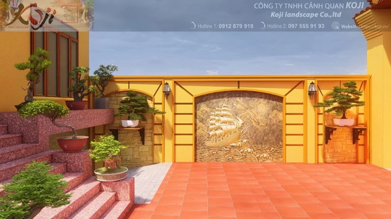 Sân vườn đồng quê Việt Nam kết hợp hồ Koi 3D