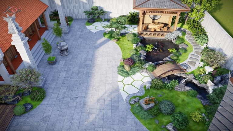 Thiết kế sân vườn cực phẩm kết hợp hai phong cách tại Phú Thọ