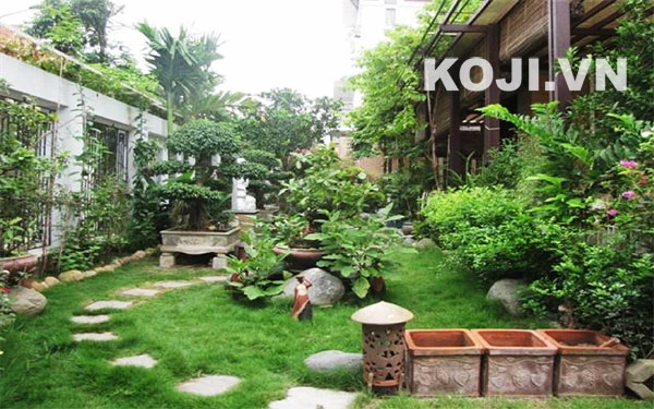 Mẫu sân vườn đẹp kết hợp nhiều loại cây cỏ mang đậm phong cách Việt Nam