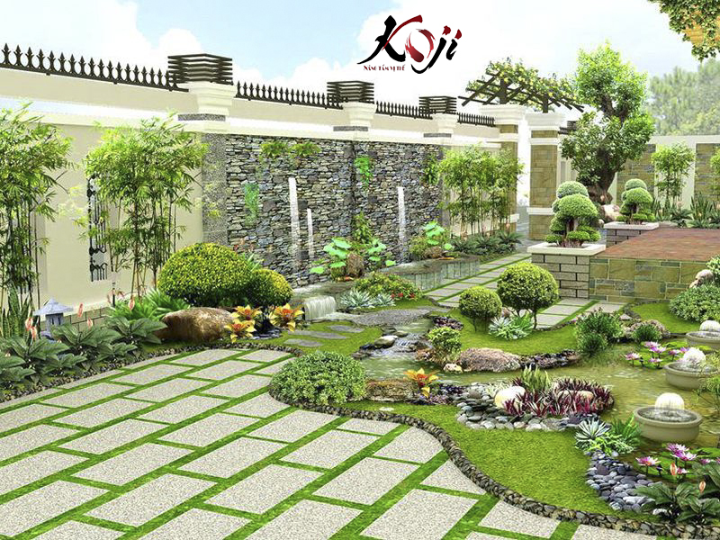 thi công sân vườn có lối đi đơn giản