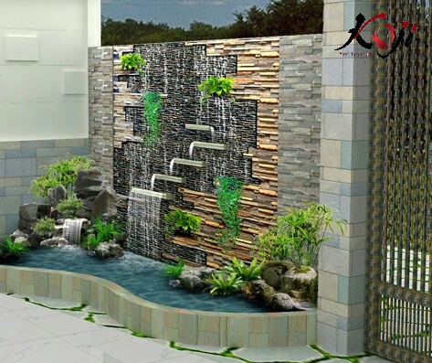 Thiết kế 3D tranh tường đá kế hợp thác nước