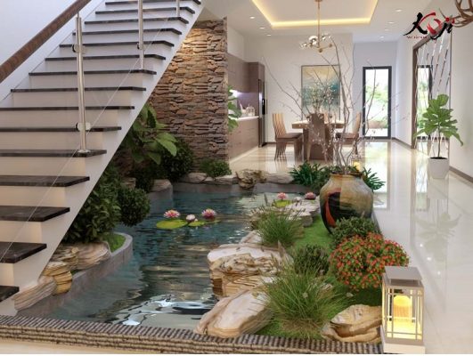 Thiết kế 3D hồ cá koi kết hợp hòn non bộ ở dưới chân cầu thang